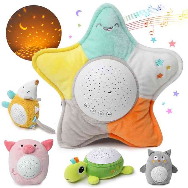 Suave relleno sueño LED lámpara de noche animal juguetes de peluche con música estrellas proyector luz bebé para niños regalos 210728