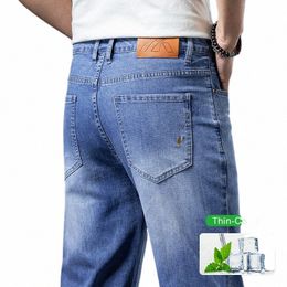 Jeans extensibles pour hommes d'été doux Ultra-mince respirant Fi Poches imprimées Pantalon en denim Mer Blue Vintage Denim Pantalon q92o #