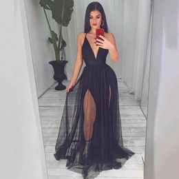Zachte tule zwarte sexy communie jurken avond prom feest longue formele jurk simple robe de soiree