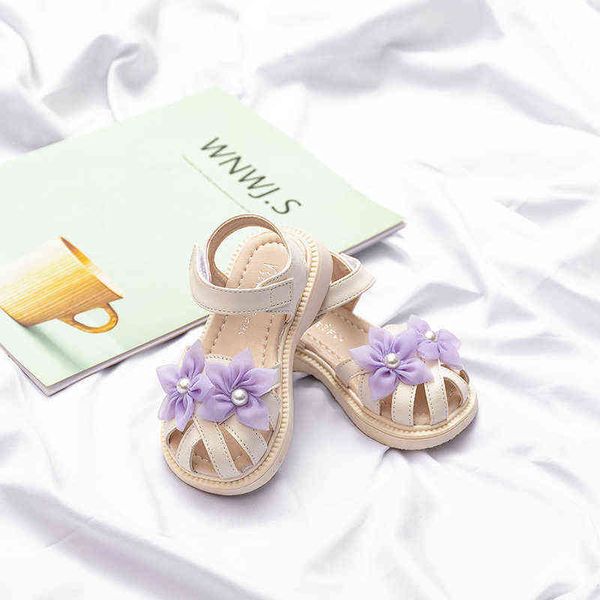 Suave y versátil 2022, hermosos dedos cubiertos, sandalias de moda para niños para niñas, novedad de verano, gancho plano, lazo, flores bonitas para niños, PU G220523