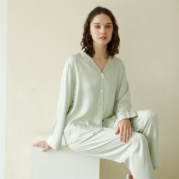 Doux Viscose Femmes Col Rabattu Pyjama Ensembles Pantalons Longs Blanc Dot Vert Clair Lâche Vêtements De Nuit Printemps Automne Y200708