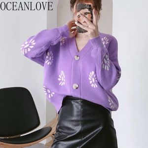 Doux Chaud Automne Hiver Sweaterts Imprimer Violet Col V Coréen Mode Cardigans Lâche Jacquard Sueter Mujer 18035 210415