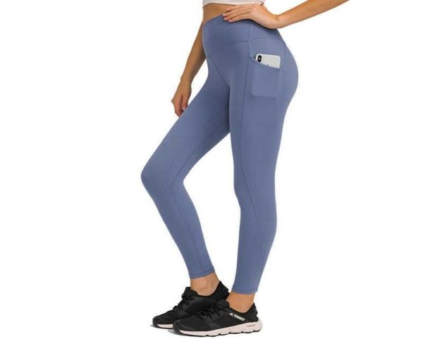 Pantalon de yoga de la peau cireuse et cireuse côté poche slim fitness Running Sports Gym vêtements pour femmes leggings fu longueur serre 5294511