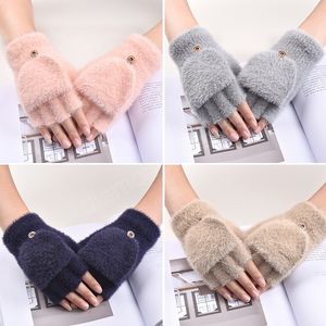 Soft Winter Warm Half Finger Gloves Women Fluffy Plush Fingerless Flip Gloves Solid Color Girls Female Mittens Arm Warm Guantes