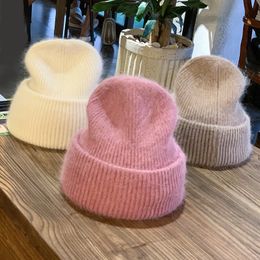 Zachte vrouwen Zondag Angora Garens Hoeden Warm oorbescherming Pluizige Winter Knited Hat Skullies Beanies All-Match Vrouwelijke motorkap Cycling Ski Knit Cap JY0850