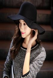 Femmes en laine douce chapeau vintage large rainure Dom chapeaux bowknot dames floppy feutre fedora cap sadin 4714619