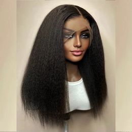 Perruque Lace Front Wig synthétique Yaki douce, 26 pouces, longue, crépue et lisse, 13x4, BabyHair noir, pre-plucked, sans colle, quotidien, densité 180