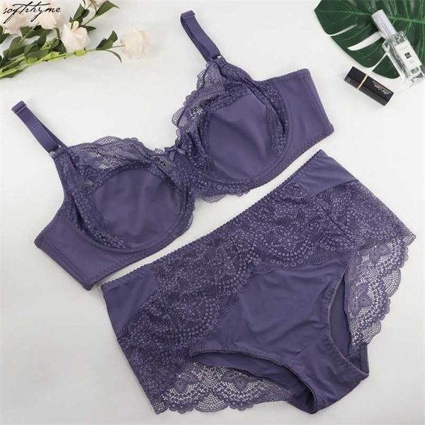 SoftRhyme Floral Lace Lingeries pour femmes Plus Taille Soutien-gorge Set D Cup XL 2XL 3XL 4XL 5XL 6XL Soutien-gorge complet et sous-vêtements ultra fins 211104