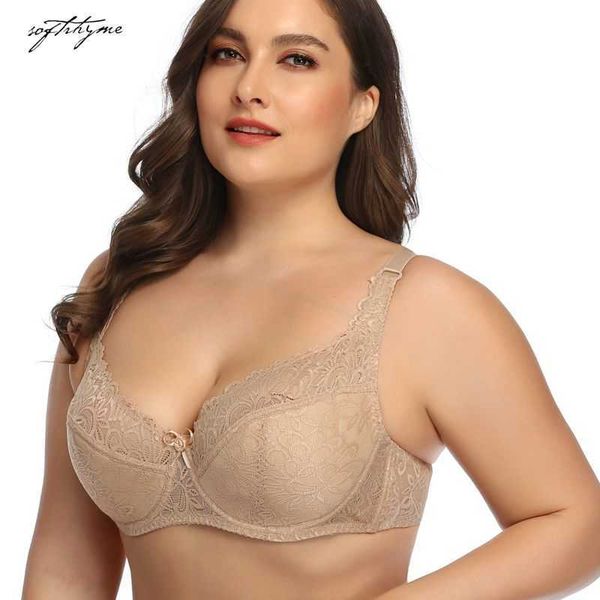 Softrhyme Sexy Gros Seins Bras Floral Dentelle Plus Taille BH pour Femmes Lingerie Perspective Sans Doublure Bralette Soutien-Gorge À Armatures Brassiere 210623