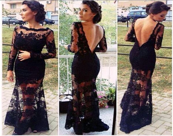 Vestido de noche de velada 2015 Nuevo mangas largas Ruffles Bateau Backless Negro Silk Lace Sheer Prom Vestidos Mermaid Vestidos XL6247737