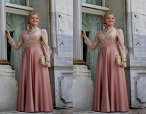 Soiree Hijab Dresses High Neck Long Sleeve Vestidos 2016 A Line Robe de Soiree Gold Applique Satin Elegant Aso Ebi Lange avond DR1914100