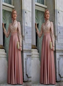 Soiree Hijab Dresses High Neck Long Sleeve Vestidos 2016 A Line Robe de Soiree Gold Applique Satin Elegant Aso Ebi Lange avond DR1848328