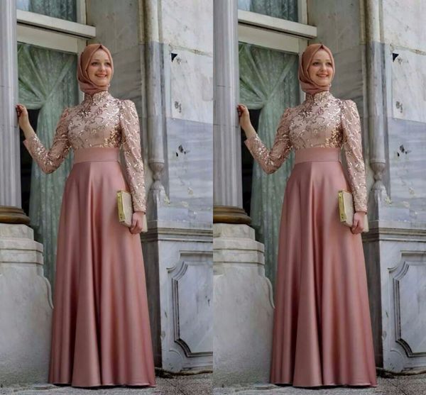 Soiree hijab Robes Col Haut À Manches Longues Robes 2016 Une Ligne Robe De Soirée Or Applique Satin Élégant Aso Ebi Longue Robe De Soirée