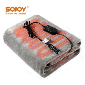 SOJOY wasbare elektrische autodeken, verwarmde 12 volt fleece reissprei voor auto en camper, ideaal voor koud weer en noodpakketten (grijs)