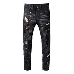 Sokotoo heren zwarte vogel geborduurd geschilderd geschilderd gescheurd jeans streetwear gaten patchwork stretch denim broek skinny potlood broek y200116