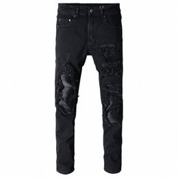 Sokotoo Hommes Noir Patchwork Slim Fit Stretch Denim Biker Jeans pour Moto Casual Skinny Patch Déchiré Distred Pantalon W3o1 #