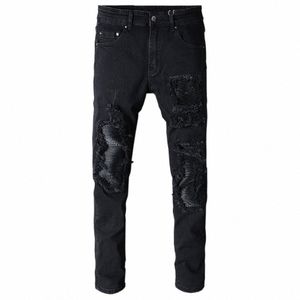 Sokotoo heren zwarte patchwork slim fit stretch denim biker jeans voor motorfiets Casual skinny patch ripped distred broek W3o1 #