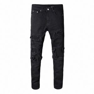 Sokotoo Jeans de motard en denim extensible patchwork noir pour hommes pour moto Slim fit pantalon crayon déchiré P5j1 #