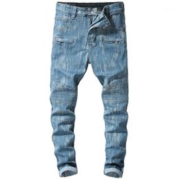 Sokotoo Jeans de motard en denim stretch bleu pour homme Pantalon plissé slim grande taille1217g