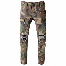 Sokotoo Heren Camoue Gedrukt Patchwork Biker Jeans Voor Moto Slim Fit Rechte Legergroene Zakken Cargo Denim Broek H4E6 #