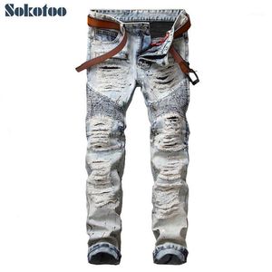 Sokotoo mannen casual geschilderde gaten ripped biker jeans voor moto Vintage lichtblauw slanke rechte denim broek Lange trousers12112