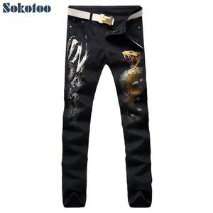 2019 Sokotoo hommes serpent peint coloré impression 3D jeans mode noir slim stretch denim pantalon