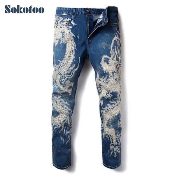 Sokotoo Hommes Mode Dragon Imprimer Jeans Mâle Couleur Dessin Peint Mince Denim Pantalon Élastique Noir Long Pantalon Y19072301262B