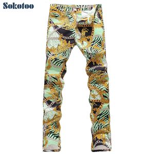 Sokotoo heren mode tijger ketting print jeans mannelijke slim fit dunne denim broek lange broek gratis verzending Y19072301