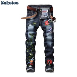 Sokotoo hommes broderie florale stretch denim jeans mode slim fit crayon pantalon pour man2010