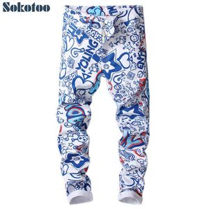 Sokotoo Heren Brieven 3D Gedrukt Jeans Mode Gekleurde Blauw Wit Slanke Skinny Denim Broek G0104