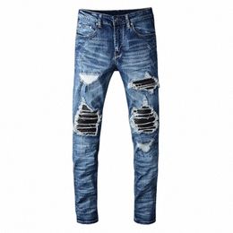 sokotoo hommes PU cuir patchwork déchiré biker jeans patch slim skinny stretch denim pantalon y3sV #