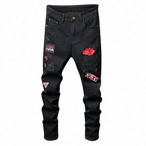sokotoo hommes lettres fr rouges broderie jeans noirs pantalon en denim stretch Fahi N2bm #