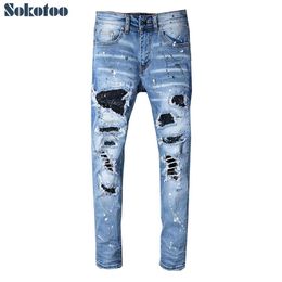 Sokotoo hommes strass cristal patchwork bleu clair déchiré jean coupe ajustée maigre stretch denim pants233P