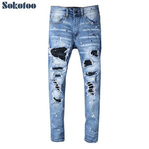 Sokotoo Heren strass kristal patchwork lichtblauw gescheurde jeans Slim fit skinny stretch denim pants287K