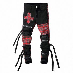 Sokotoo hommes Ecosse plaid tartan patchwork croix slim jean droit pantalon en denim bandage tendance pantalon 33V2 #