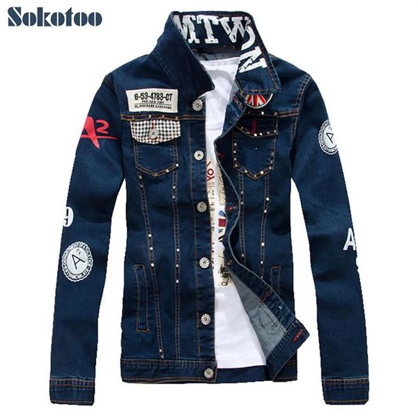 Sokotoo hommes mince drapeau anglais patch conception rivet jean veste décontracté bleu foncé lavé denim manteau vêtements d'extérieur 201004242a