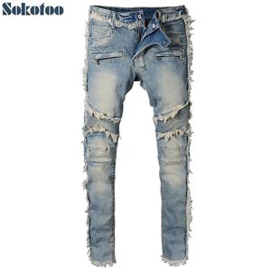 Sokotoo Jeans de motard à franges en denim délavé vintage pour hommes pour la mode pantalon patchwork droit coupe slim pour grands et grands