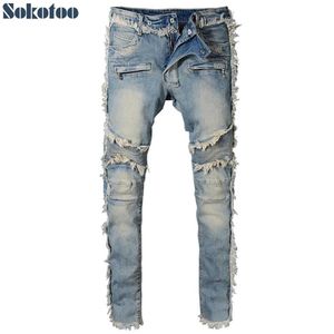 Sokotoo heren vintage gewassen denim franje biker jeans voor moto Mode slim fit rechte patchwork broek voor grote en lange1787