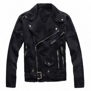 Sokotoo hommes fermetures éclair noir biker jean veste Streetwear épais denim mince manteau avec ceinture de haute qualité h306 #