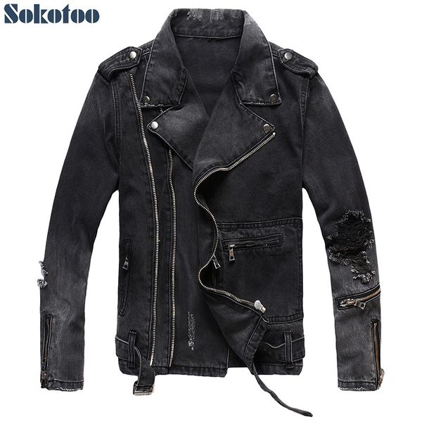 Sokotoo Cremalleras para hombres Chaqueta de motorista de mezclilla negra para motocicleta Agujeros de charretera vintage Abrigo desgastado rasgado SH190906