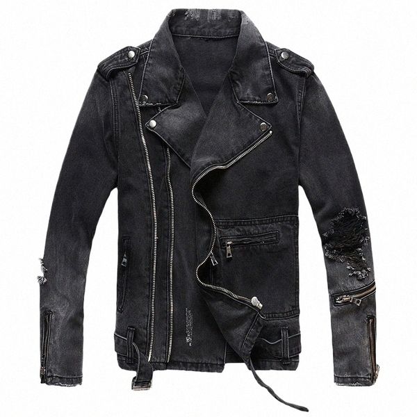 sokotoo hommes fermetures à glissière noir denim jean veste de motard pour moto trous d'épaulettes vintage déchiré manteau distrait t7Gw #