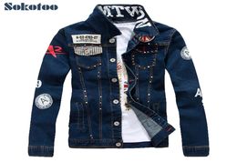 Sokotoo Men039s slim drapeau anglais patch design rivet veste en jean décontracté bleu foncé lavé denim manteau vêtements d'extérieur SH1909062264043