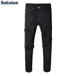 Sokotoo Mens Black Patch Stretch Denim Bicycle Jeans adapté aux motos pantalons de crayon à ajustement à ajustement serré 240508