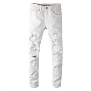 Sokotoo Heren witte kristal gaten gescheurde jeans mode slanke skinny strass stretch denim broek 240125