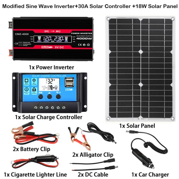 Système de panneaux solaires solaires 110V/220V, panneau solaire 18V 18W + contrôleur de Charge 30A + Kit d'onduleur à onde sinusoïdale modifiée 4000W, Kit de production d'énergie