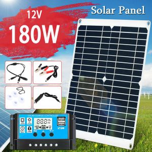 Solar 180W 12V Portable zonnepaneelkit Dubbele USB-poort Batterij Power Bank met 20A Controller Oplader Outdoor Camping Jachtverlichting