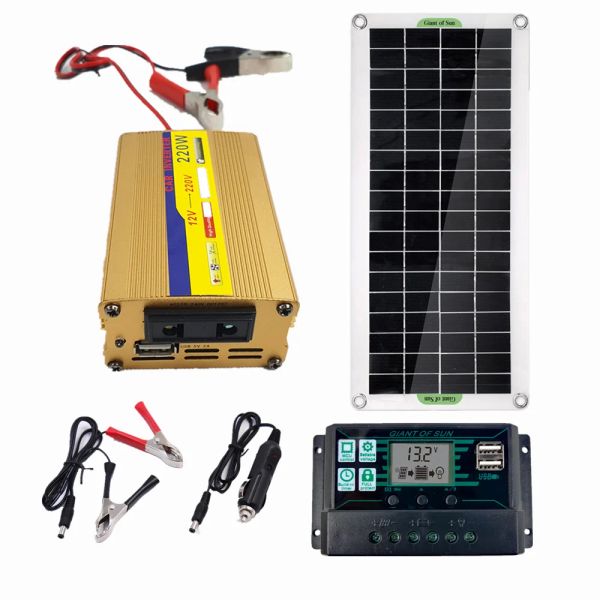 Solaire 220V 30W 60A contrôleur de système d'énergie solaire panneau solaire chargeur de batterie 220W onduleur USB Kit complet maison réseau Camping puissance