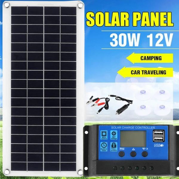 Solaire 30W panneau solaire 12V Kit de cellules solaires 20A 30A 40A 50A 60A double contrôleur USB panneau solaire téléphone RV voiture Yacht batterie chargeur de bateau