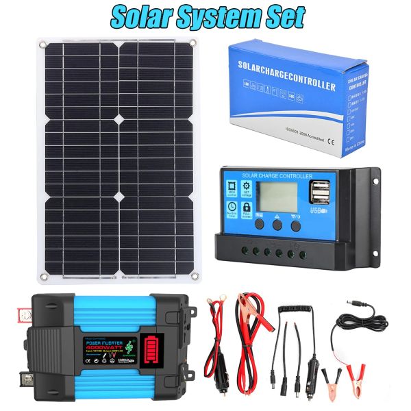 Système de production d'énergie solaire 4000W, Kit d'onduleur 12V à 220V, contrôleur 30A, batterie, chargeur USB, contrôleur complet, camping à domicile