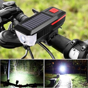 Lámpara Solar para bicicleta, linterna frontal con bocina, linterna para bicicleta, lámpara recargable por USB, luz trasera, accesorios para ciclismo